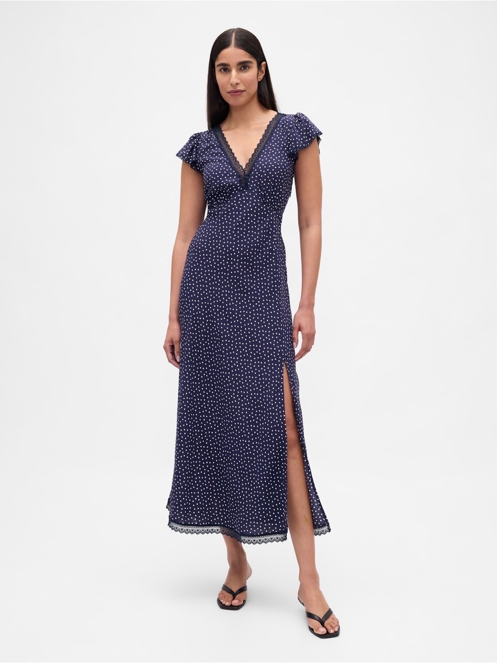 Lace Trim V Neck Crepe Maxi Dress